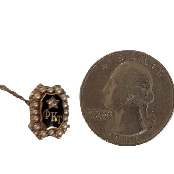 10K Yellow Gold Phi Kappa Tau Diamond Seed Pearl Lapel Pin Brooch E48 - Picture 6 of 10